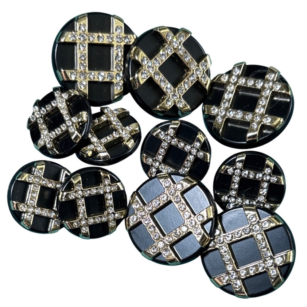 DF Black Gold Rhinestone Grid Shank Buttons Set of 11 Vintage Style 2845-22 16